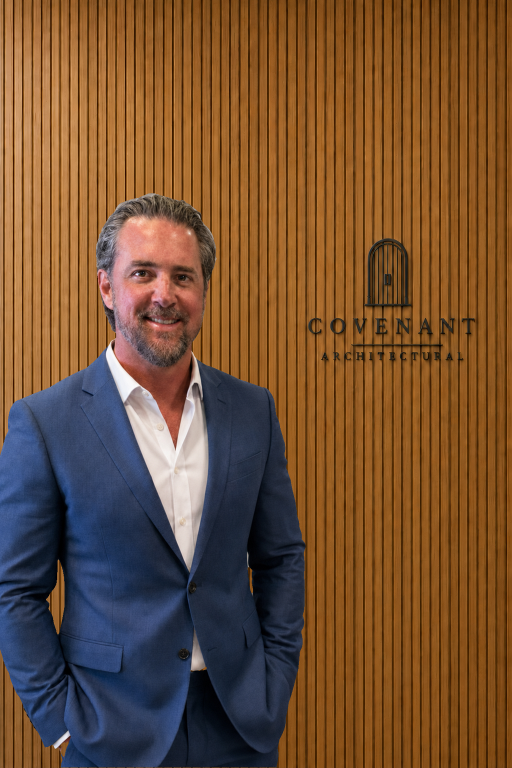 Chris Roberts, President and CEO, beside the Covenant Architectural logo